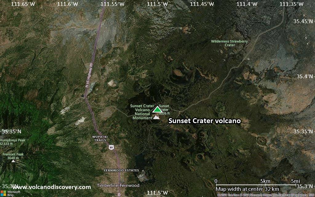 Satellite/aerial-type map of Sunset Crater volcano (scale of 20-40 km)