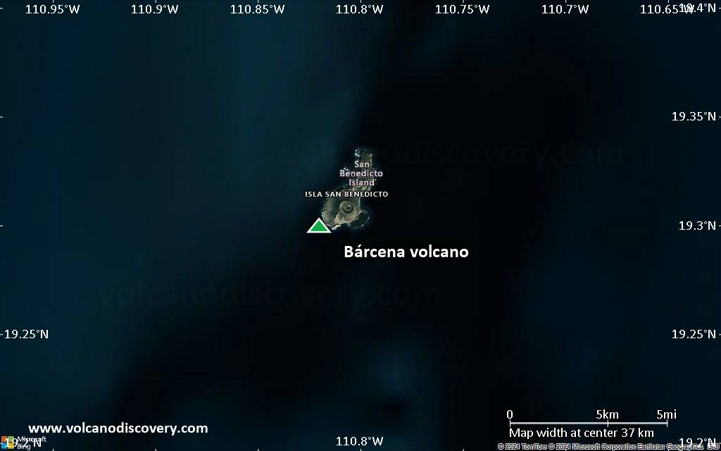 Satellite/aerial-type map of Bárcena volcano (scale of 20-40 km)