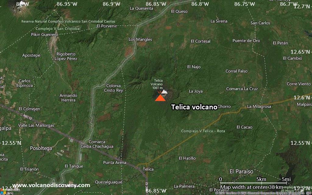 Satellite/aerial-type map of Telica volcano (scale of 20-40 km)