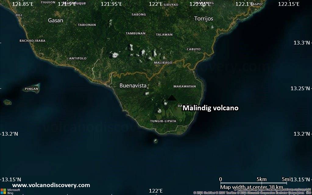 Satellite/aerial-type map of Malindig volcano (scale of 20-40 km)