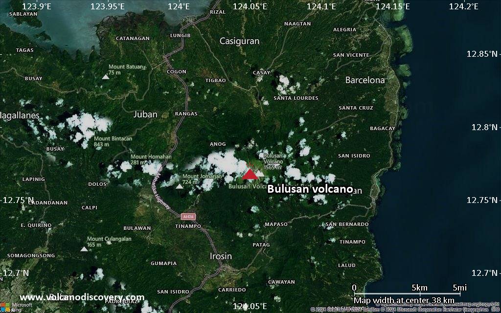 Satellite/aerial-type map of Bulusan volcano (scale of 20-40 km)