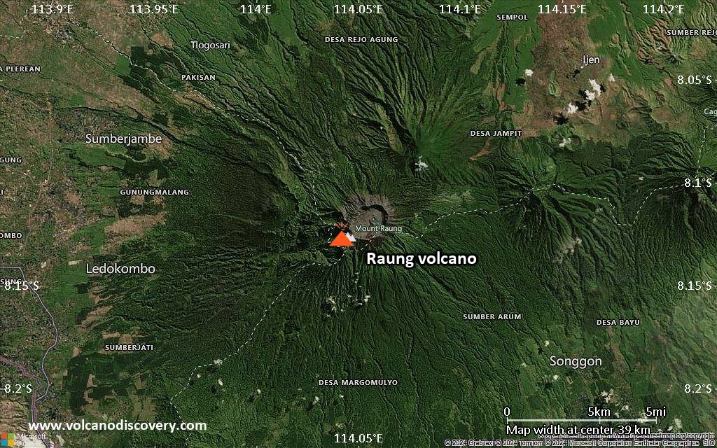 Satellite/aerial-type map of Raung volcano (scale of 20-40 km)