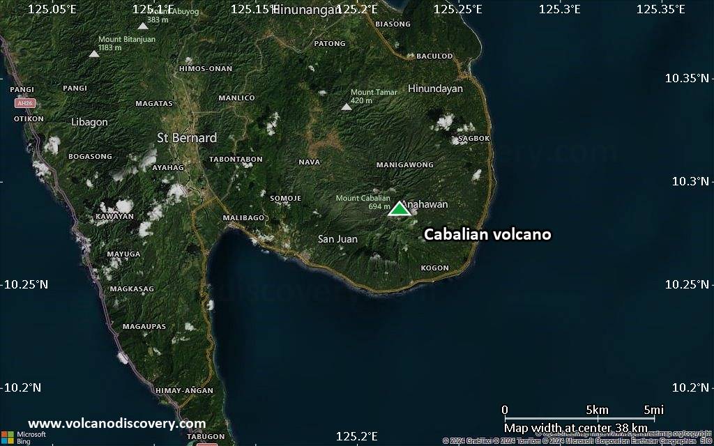 Satellite/aerial-type map of Cabalian volcano (scale of 20-40 km)