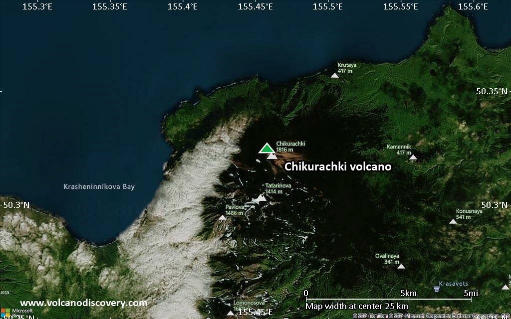 Satellite/aerial-type map of Chikurachki volcano (scale of 20-40 km)