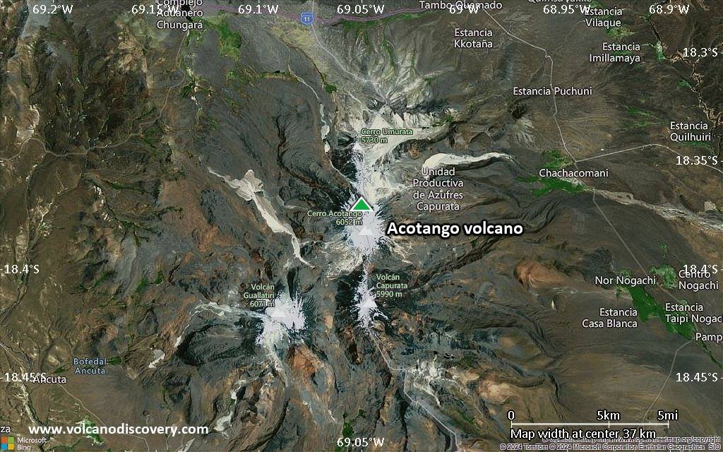 Satellite/aerial-type map of Acotango volcano (scale of 20-40 km)