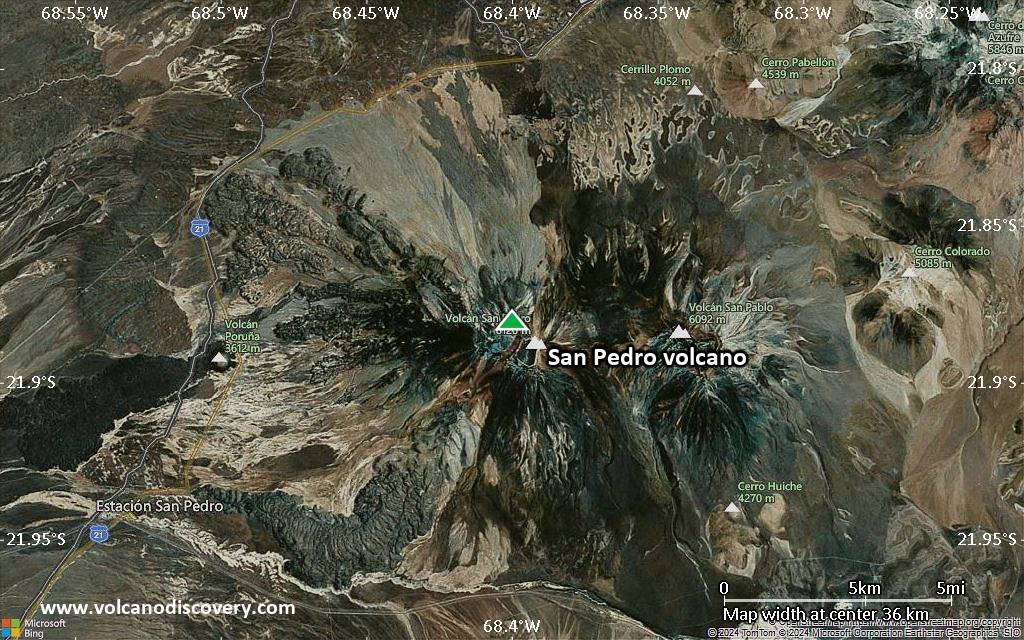 Satellite/aerial-type map of San Pedro volcano (scale of 20-40 km)