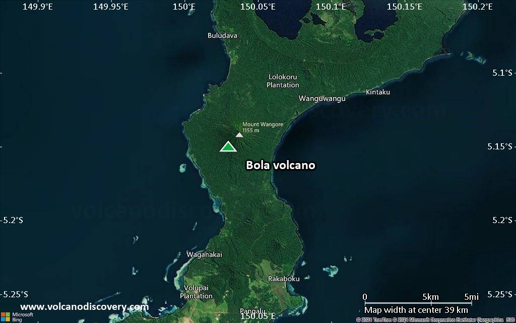 Satellite/aerial-type map of Bola volcano (scale of 20-40 km)