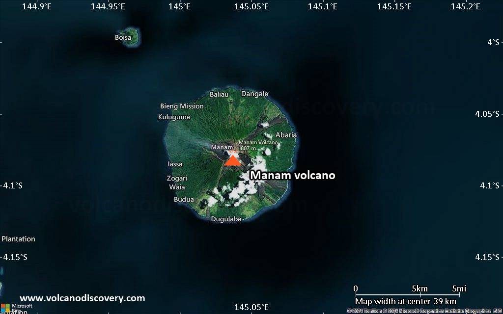 Satellite/aerial-type map of Manam volcano (scale of 20-40 km)