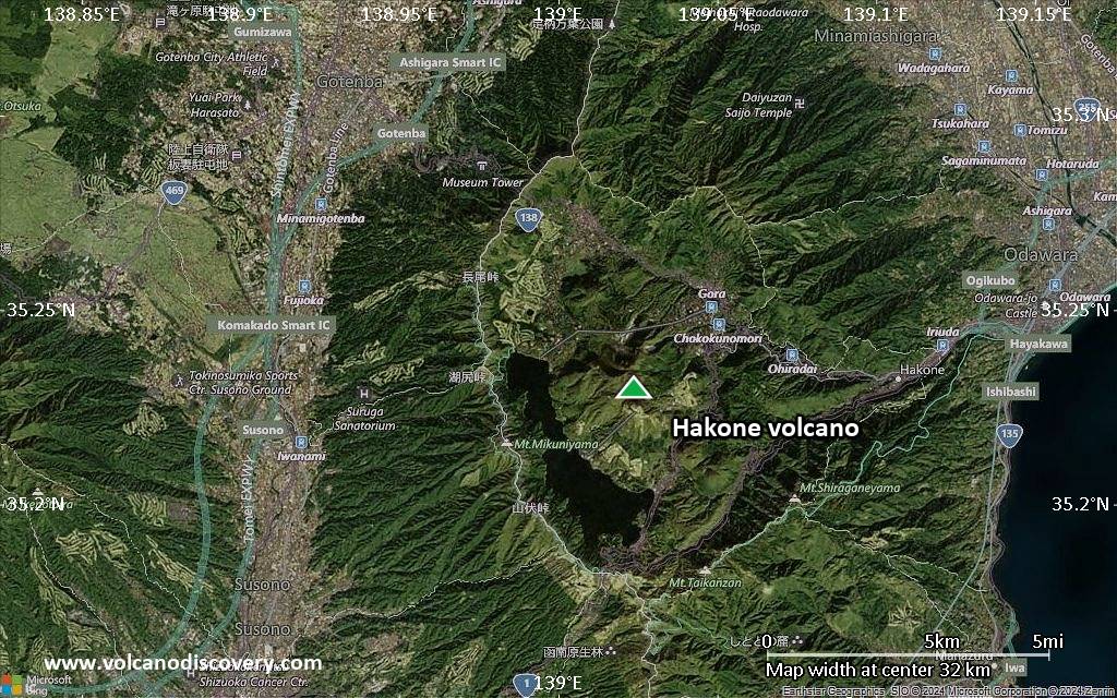 Satellite/aerial-type map of Hakone volcano (scale of 20-40 km)