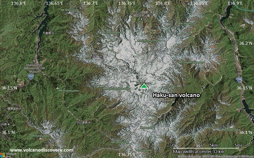 Satellite/aerial-type map of Haku-san volcano (scale of 20-40 km)