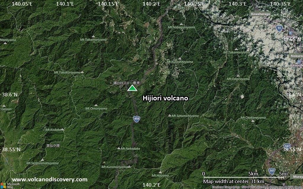 Satellite/aerial-type map of Hijiori volcano (scale of 20-40 km)