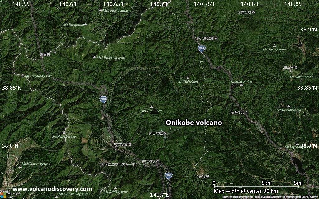 Satellite/aerial-type map of Onikobe volcano (scale of 20-40 km)