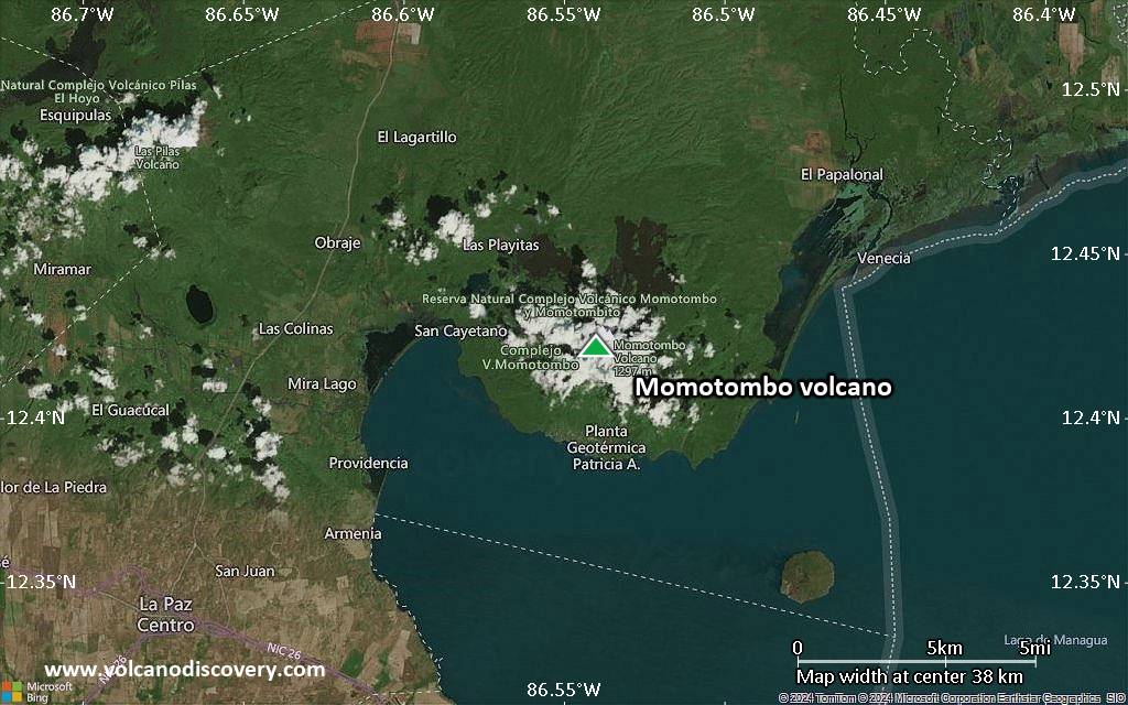 Satellite/aerial-type map of Momotombo volcano (scale of 20-40 km)