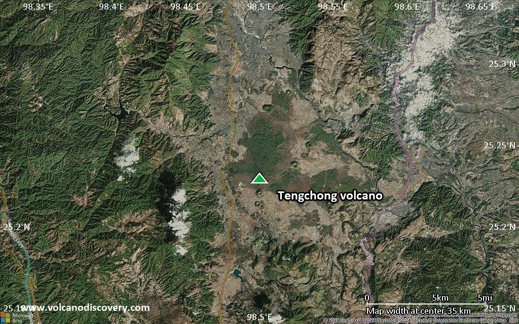Satellite/aerial-type map of Tengchong volcano (scale of 20-40 km)