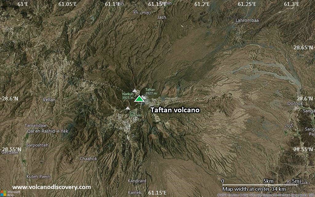 Satellite/aerial-type map of Taftan volcano (scale of 20-40 km)