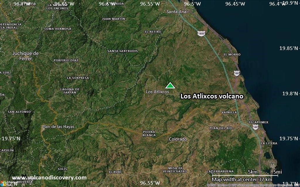Satellite/aerial-type map of Los Atlixcos volcano (scale of 20-40 km)