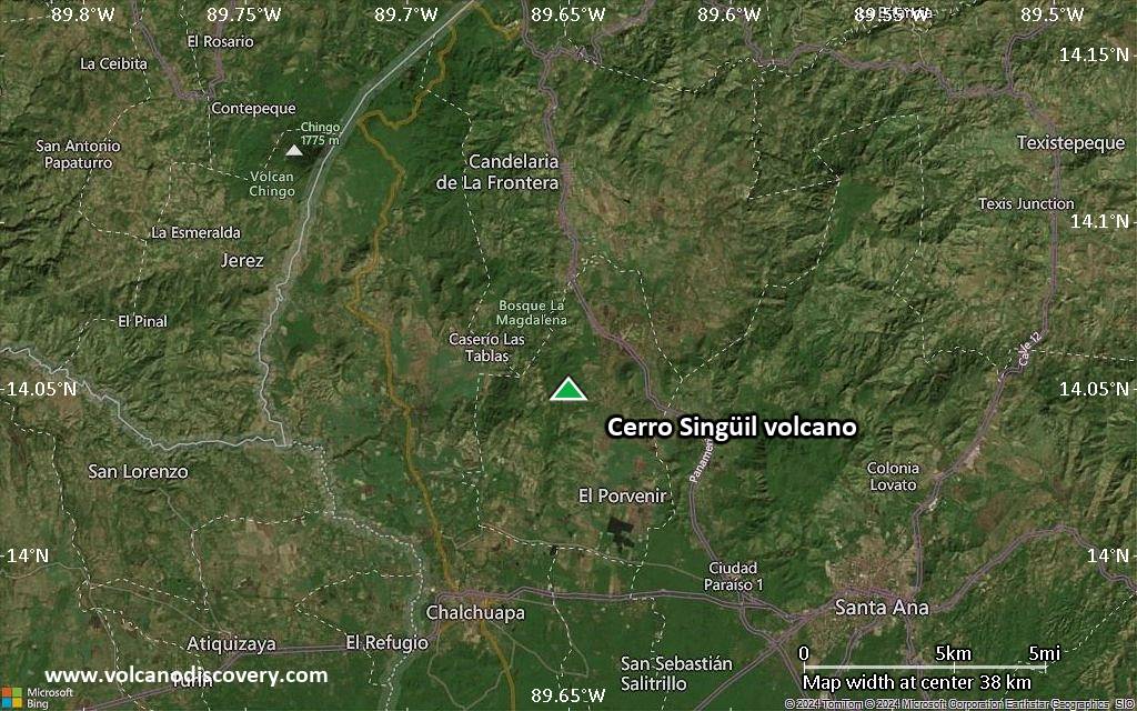 Satellite/aerial-type map of Cerro Singüil volcano (scale of 20-40 km)