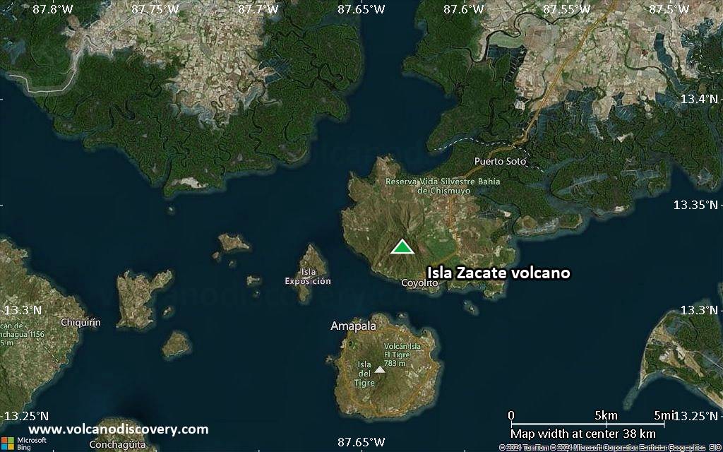 Satellite/aerial-type map of Isla Zacate volcano (scale of 20-40 km)