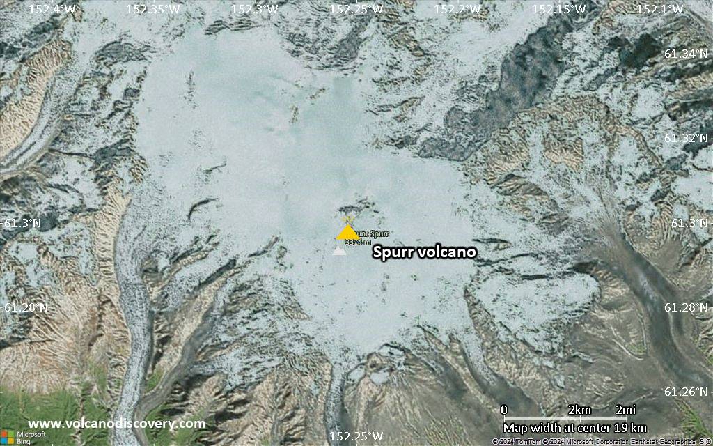 Satellite/aerial-type map of Spurr volcano (scale of 20-40 km)