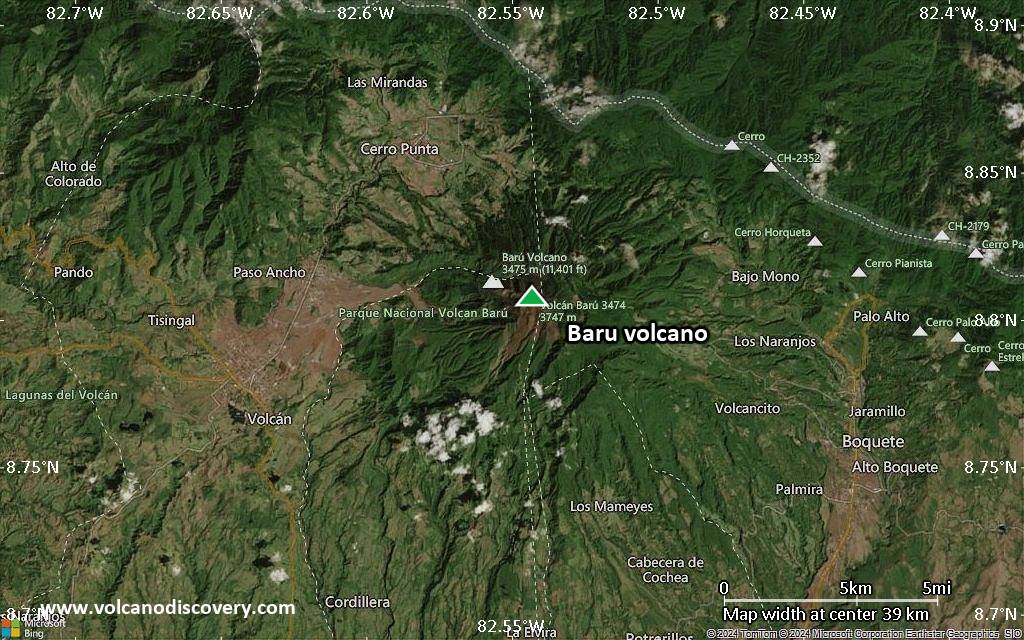 Satellite/aerial-type map of Baru volcano (scale of 20-40 km)