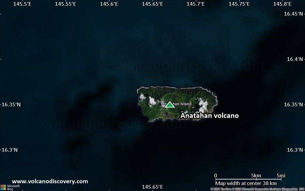 Satellite/aerial-type map of Anatahan volcano (scale of 20-40 km)