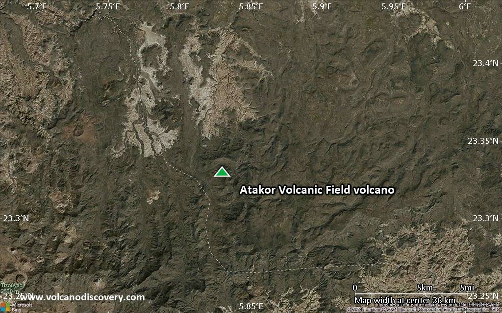 Satellite/aerial-type map of Atakor Volcanic Field volcano (scale of 20-40 km)