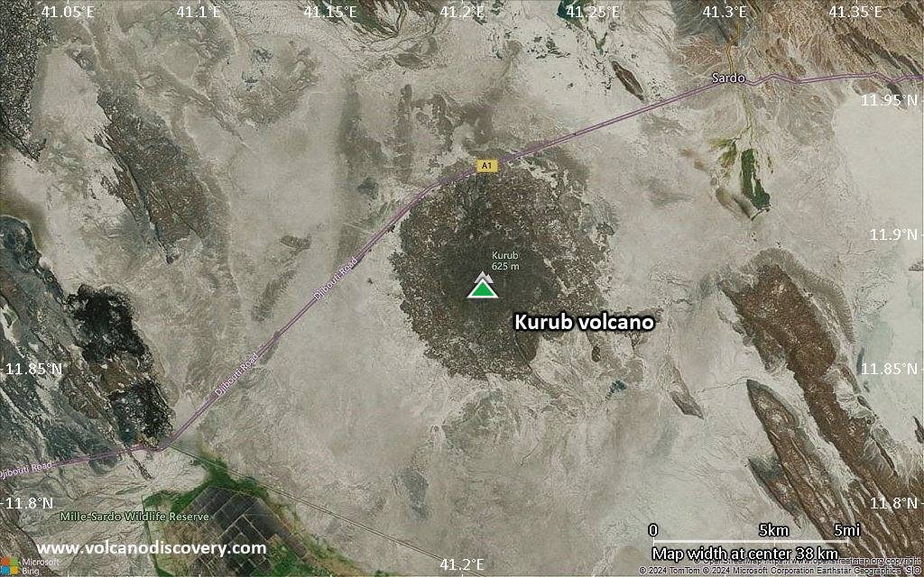 Satellite/aerial-type map of Kurub volcano (scale of 20-40 km)