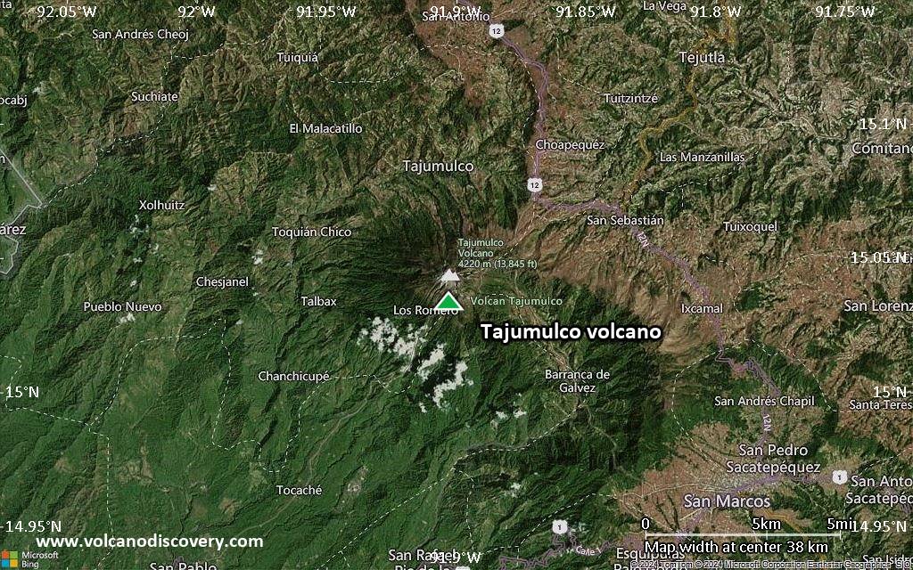 Satellite/aerial-type map of Tajumulco volcano (scale of 20-40 km)