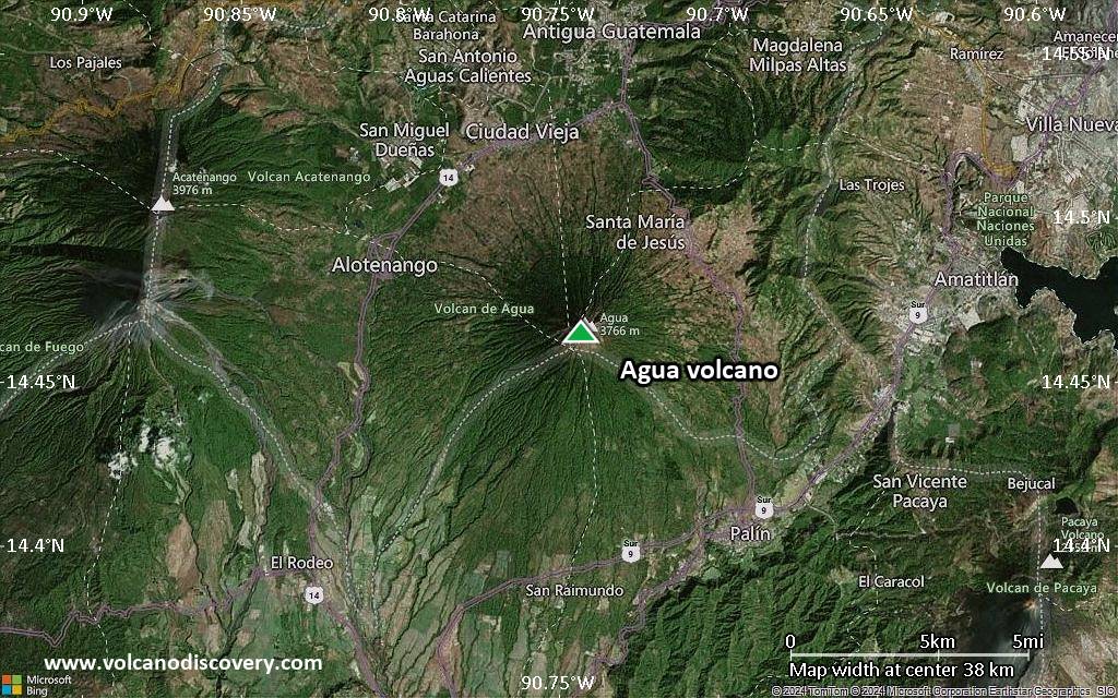 Satellite/aerial-type map of Agua volcano (scale of 20-40 km)