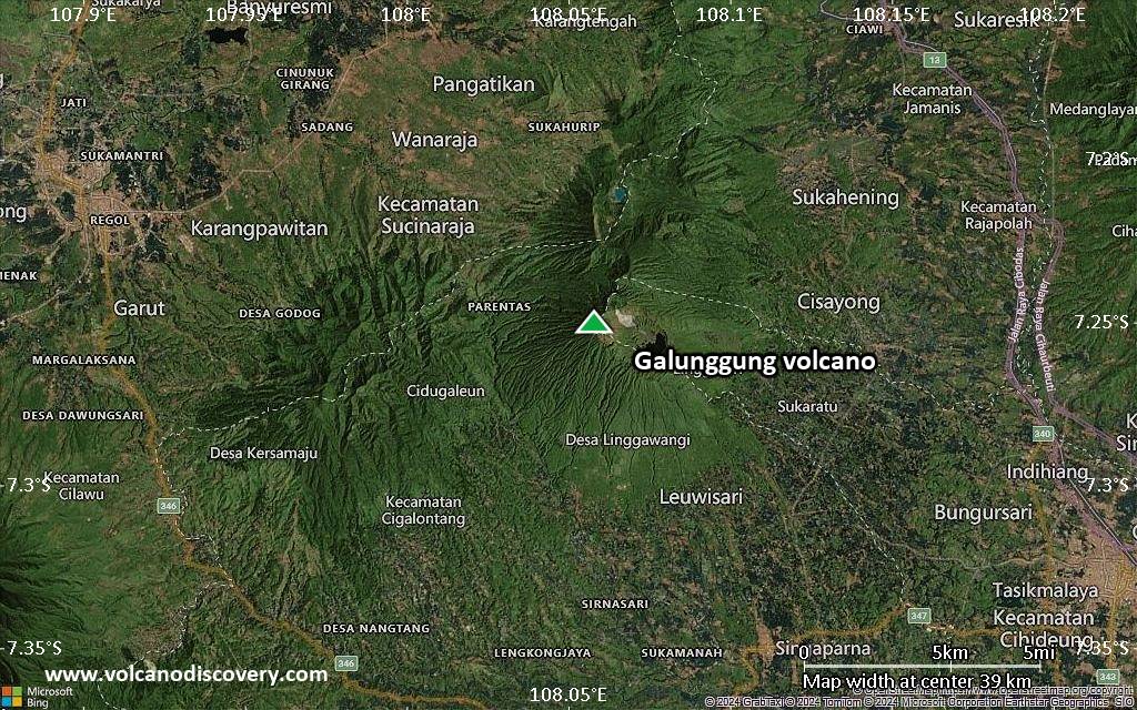 Satellite/aerial-type map of Galunggung volcano (scale of 20-40 km)