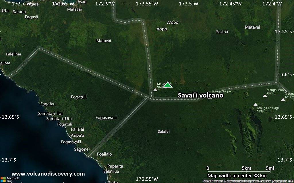 Satellite/aerial-type map of Savai'i volcano (scale of 20-40 km)