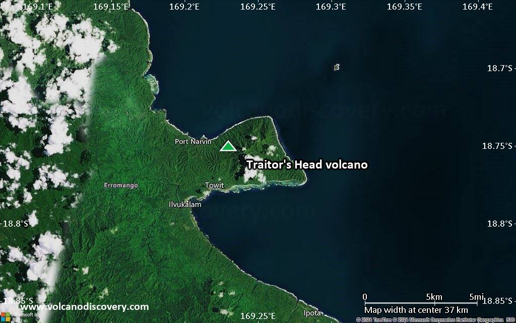 Satellite/aerial-type map of Traitor's Head volcano (scale of 20-40 km)