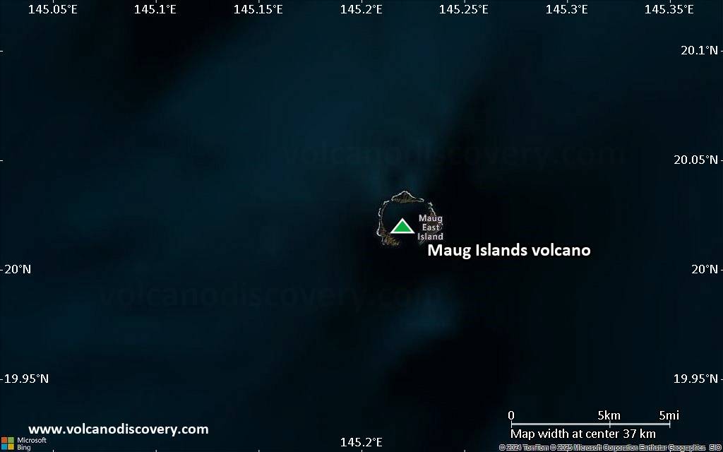 Satellite/aerial-type map of Maug Islands volcano (scale of 20-40 km)