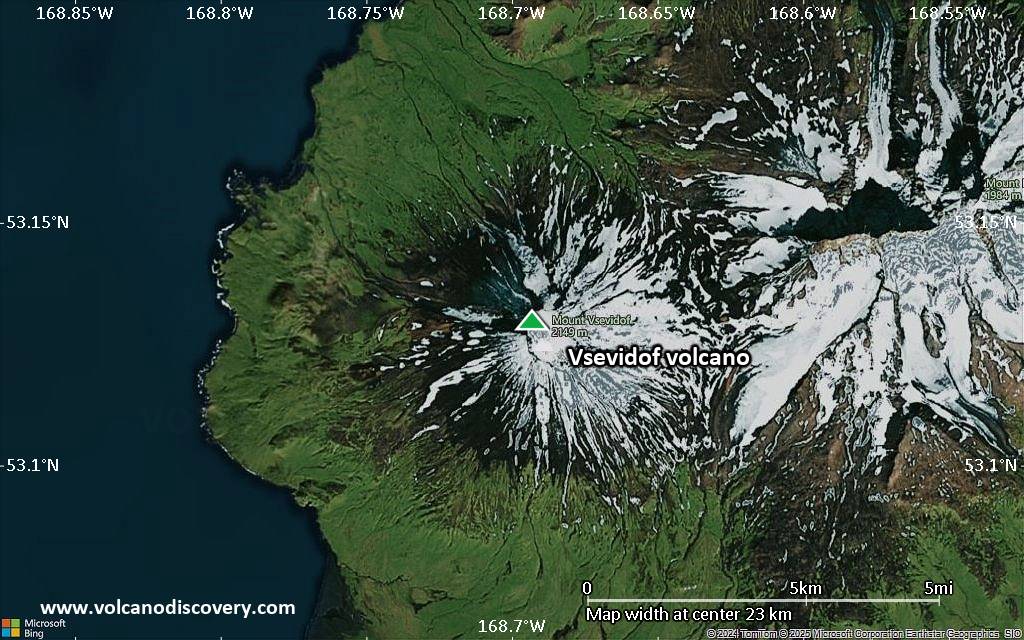 Satellite/aerial-type map of Vsevidof volcano (scale of 20-40 km)