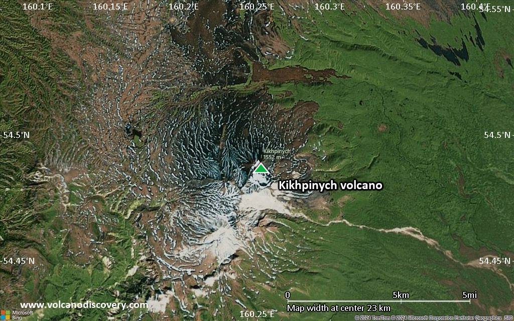 Satellite/aerial-type map of Kikhpinych volcano (scale of 20-40 km)