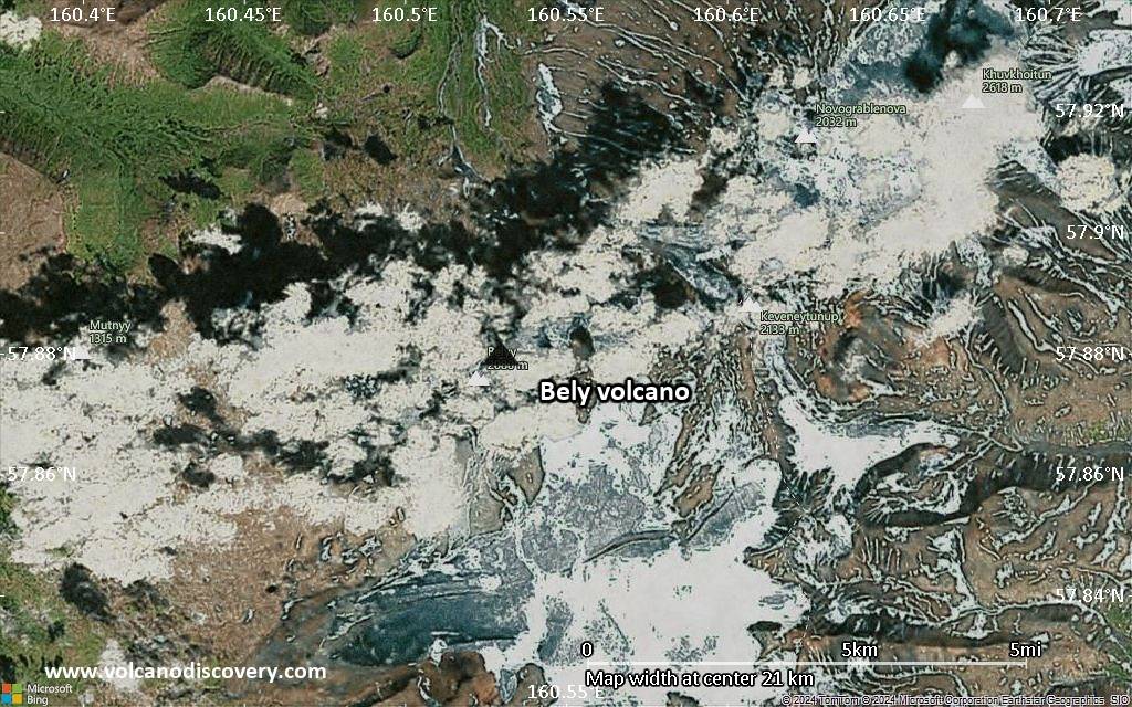 Satellite/aerial-type map of Bely volcano (scale of 20-40 km)