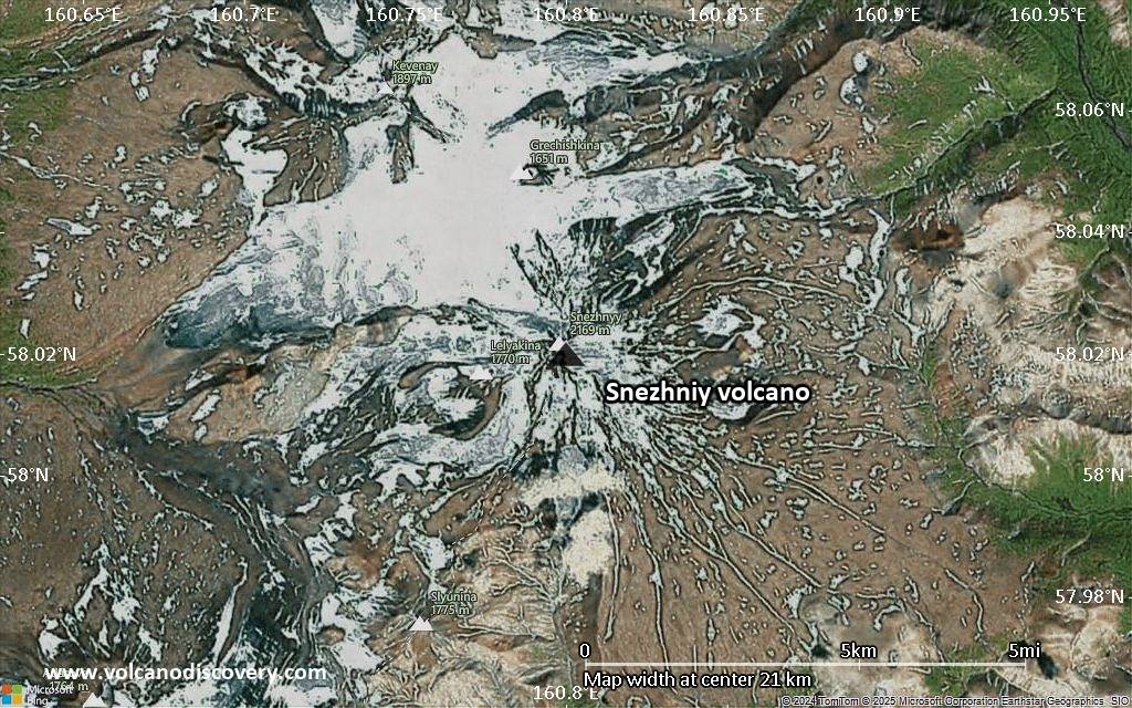 Satellite/aerial-type map of Snezhniy volcano (scale of 20-40 km)