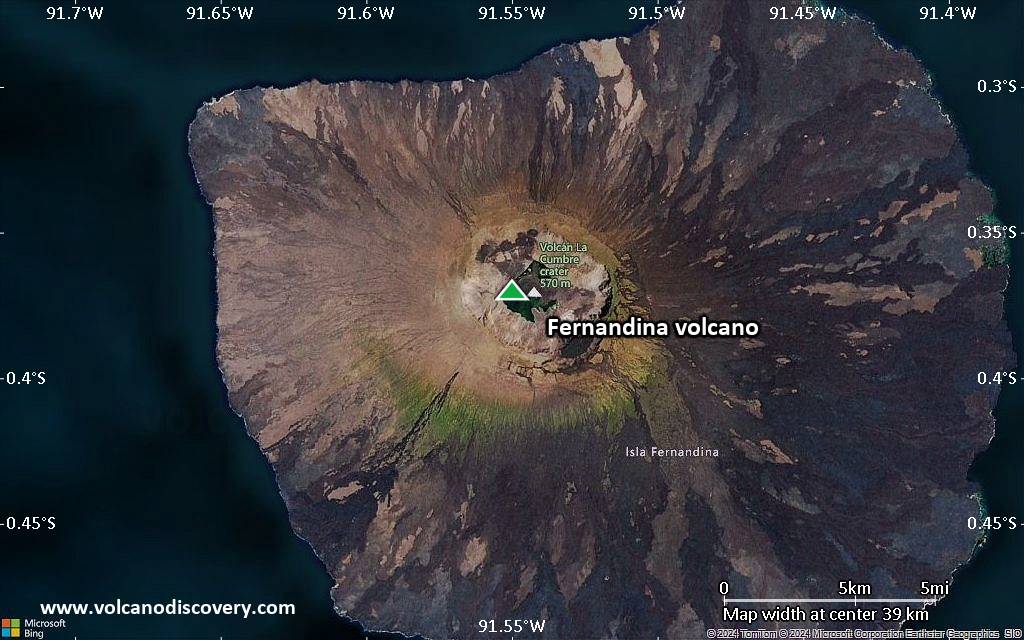 Satellite/aerial-type map of Fernandina volcano (scale of 20-40 km)