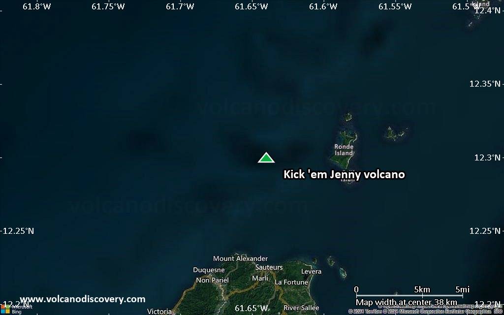 Satellite/aerial-type map of Kick 'em Jenny volcano (scale of 20-40 km)