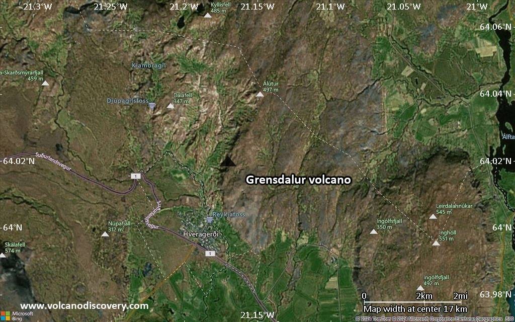 Satellite/aerial-type map of Grensdalur volcano (scale of 20-40 km)
