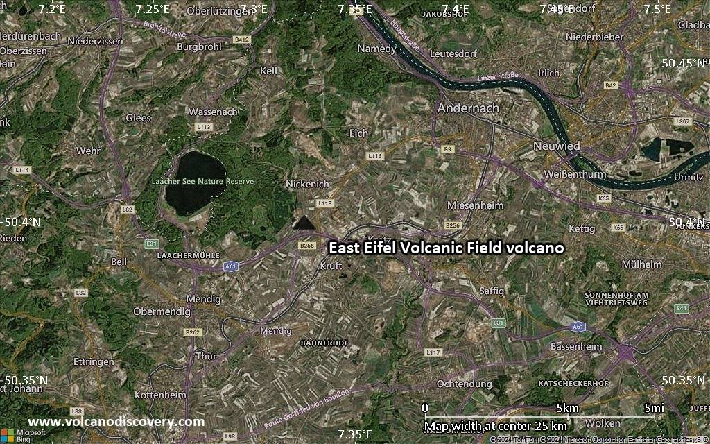 Satellite/aerial-type map of East Eifel Volcanic Field volcano (scale of 20-40 km)
