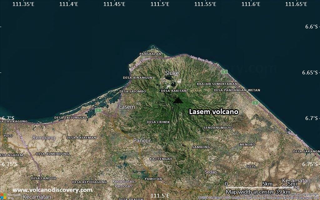 Satellite/aerial-type map of Lasem volcano (scale of 20-40 km)