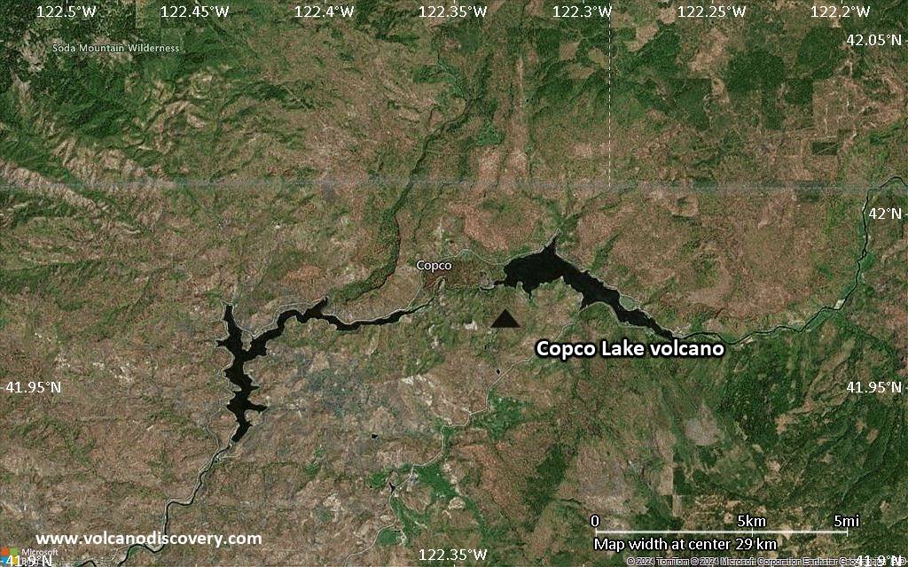 Satellite/aerial-type map of Copco Lake volcano (scale of 20-40 km)