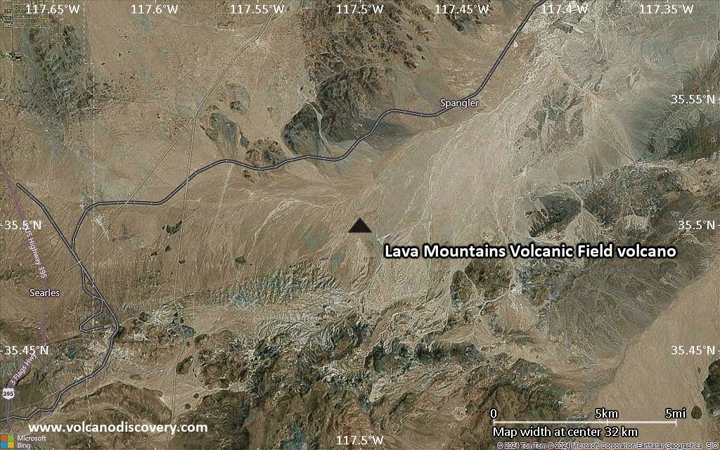 Satellite/aerial-type map of Lava Mountains Volcanic Field volcano (scale of 20-40 km)