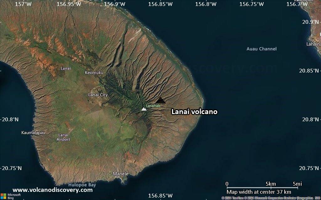 Satellite/aerial-type map of Lanai volcano (scale of 20-40 km)