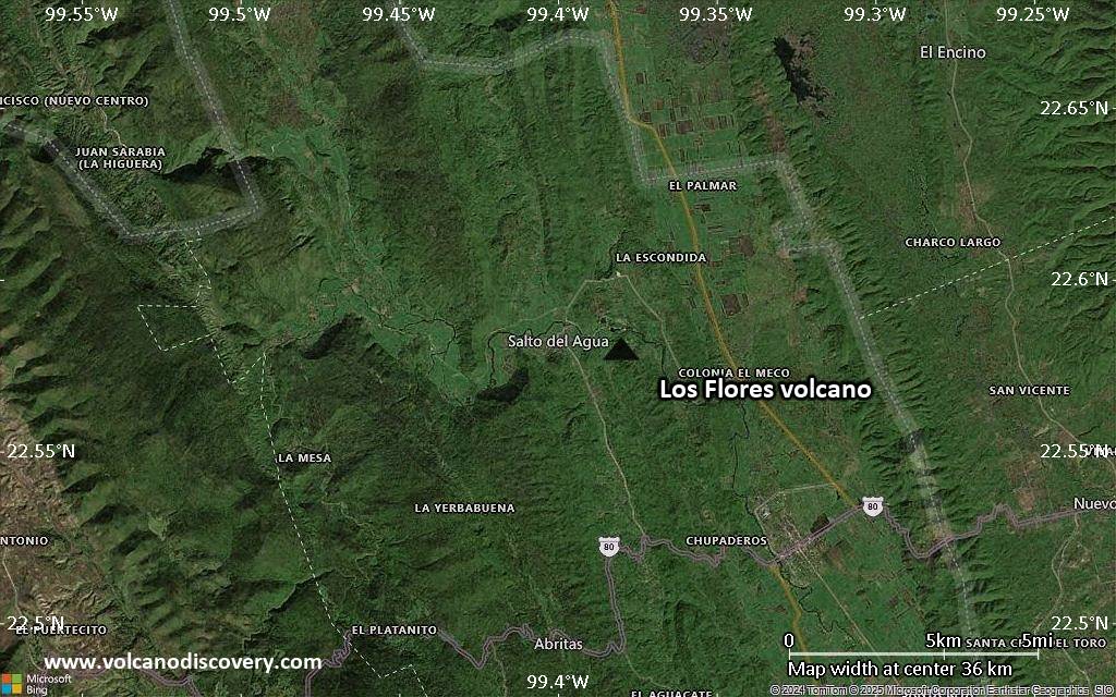 Satellite/aerial-type map of Los Flores volcano (scale of 20-40 km)
