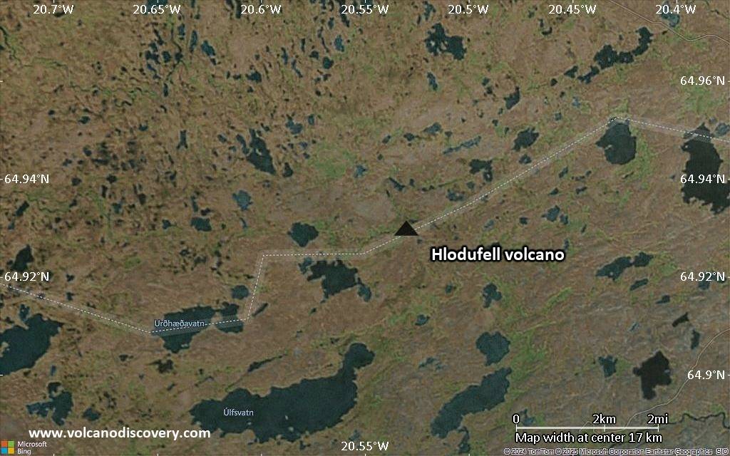 Satellite/aerial-type map of Hlodufell volcano (scale of 20-40 km)