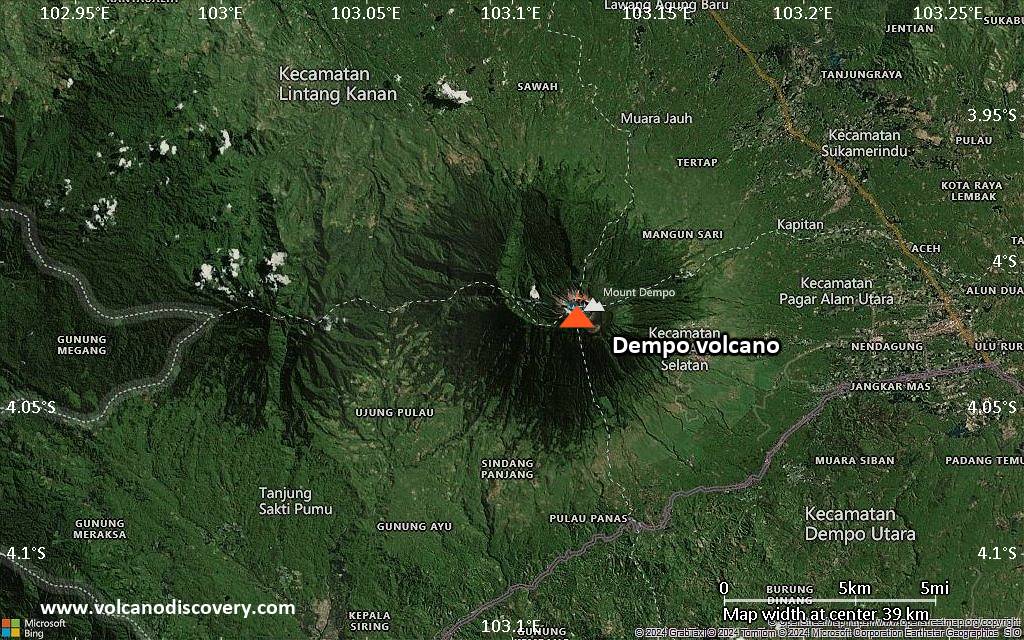 Satellite/aerial-type map of Dempo volcano (scale of 20-40 km)