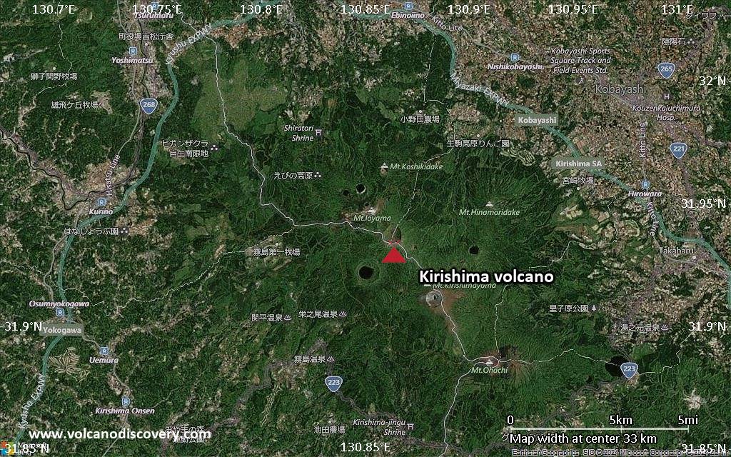 Satellite/aerial-type map of Kirishima volcano (scale of 20-40 km)