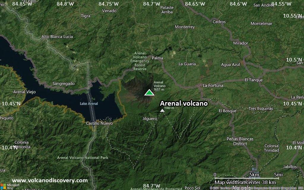 Satellite/aerial-type map of Arenal volcano (scale of 20-40 km)